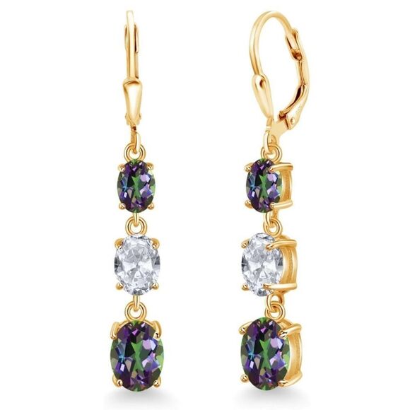 18K Yellow Gold with 6.35Cttw 3 Stone Green Mystic and White Topaz Drop Earrings